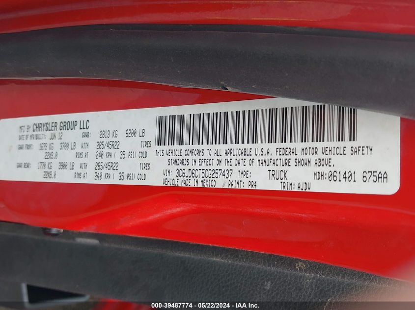 2012 Ram 1500 R/T VIN: 3C6JD6CT5CG257437 Lot: 39487774