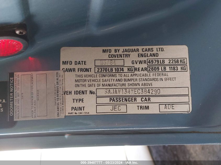 1984 Jaguar Xj6 VIN: SAJAV134XEC384290 Lot: 39487777