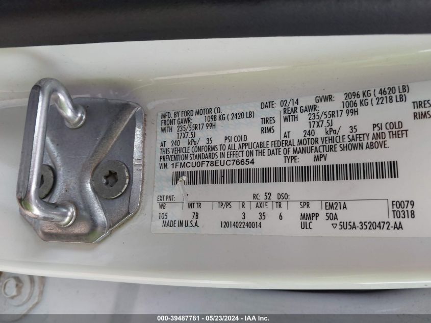 2014 Ford Escape S VIN: 1FMCU0F78EUC76654 Lot: 39487781