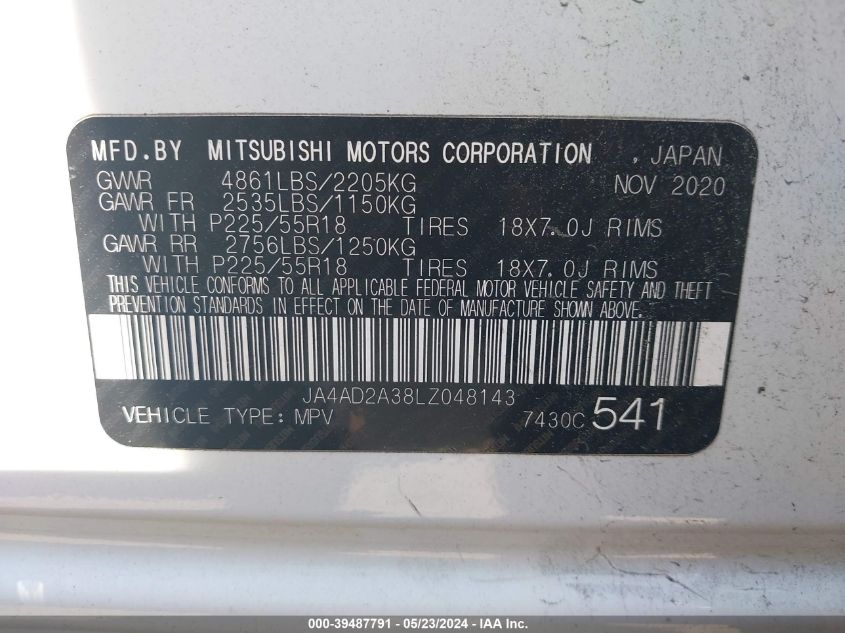 2020 Mitsubishi Outlander Es 2.4 VIN: JA4AD2A38LZ048143 Lot: 39487791