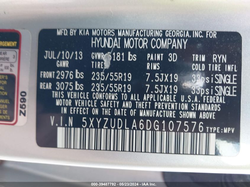 2013 Hyundai Santa Fe Sport 2.0T VIN: 5XYZUDLA6DG107576 Lot: 39487792