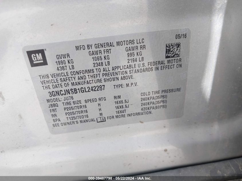 2016 Chevrolet Trax 1Ls VIN: 3GNCJNSB1GL242287 Lot: 39487798