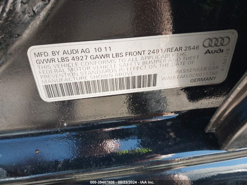 2012 Audi A4 2.0T Premium VIN: WAUFFAFL0CN011150 Lot: 39487805