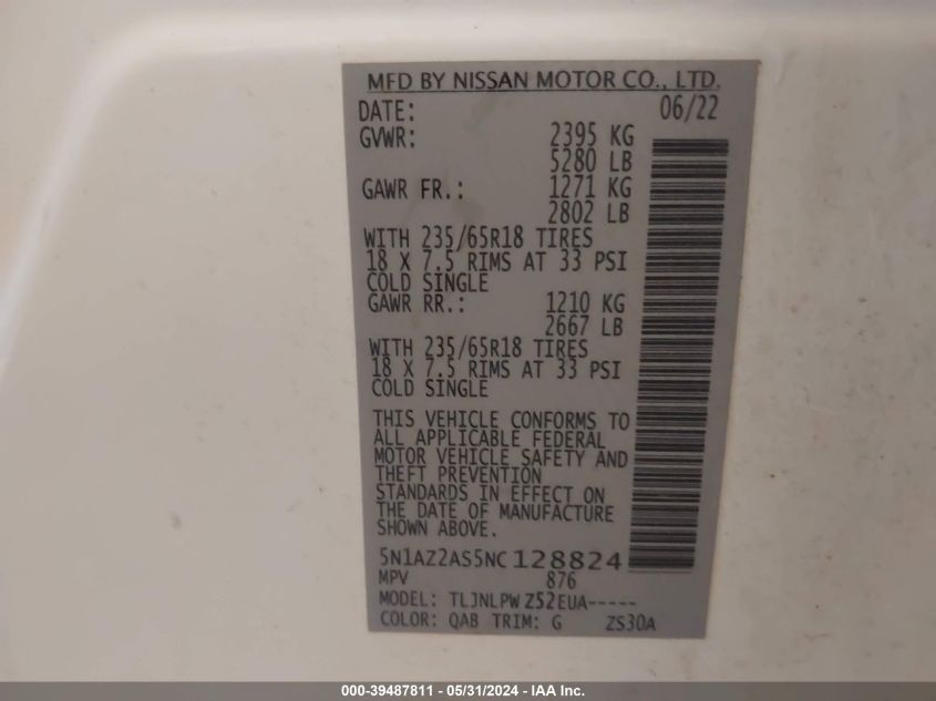 2022 Nissan Murano S Intelligent Awd VIN: 5N1AZ2AS5NC128824 Lot: 39487811