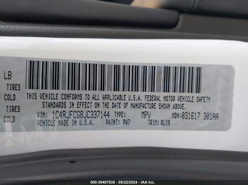 2018 Jeep Grand Cherokee High Altitude 4X4 VIN: 1C4RJFCG8JC337144 Lot: 39487835