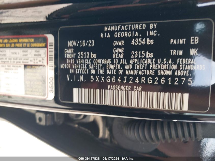 2024 Kia K5 Gt-Line VIN: 5XXG64J24RG261275 Lot: 39487838