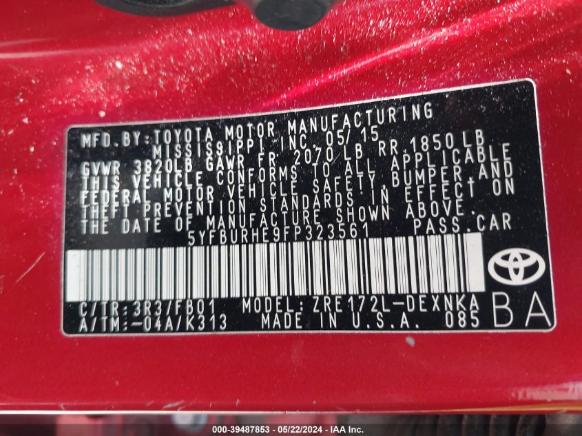 2015 Toyota Corolla Le VIN: 5YFBURHE9FP323561 Lot: 39487853