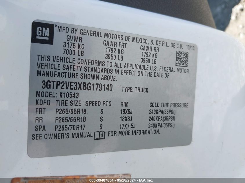 2011 GMC Sierra 1500 Sle VIN: 3GTP2VE3XBG179140 Lot: 39487854