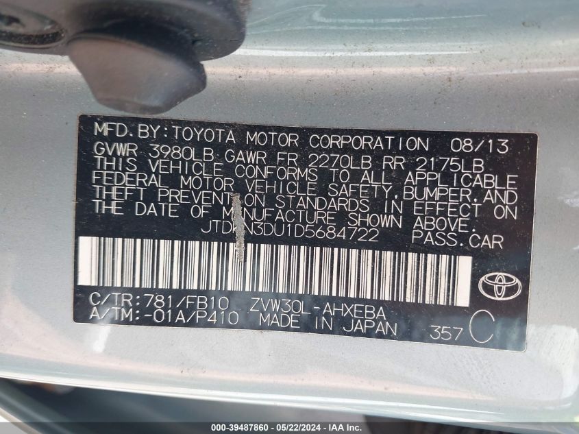 2013 Toyota Prius Two VIN: JTDKN3DU1D5684722 Lot: 39487860