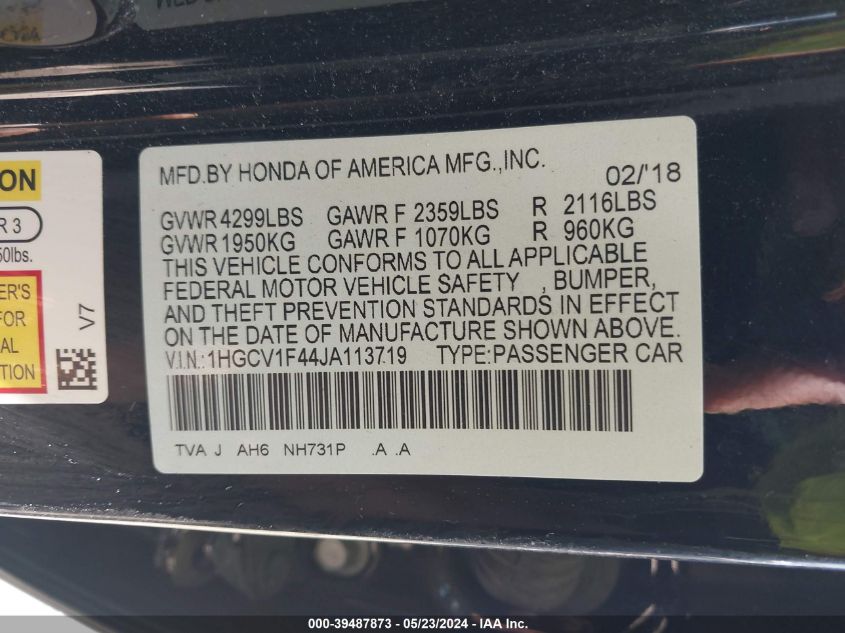 2018 Honda Accord Ex VIN: 1HGCV1F44JA113719 Lot: 39487873