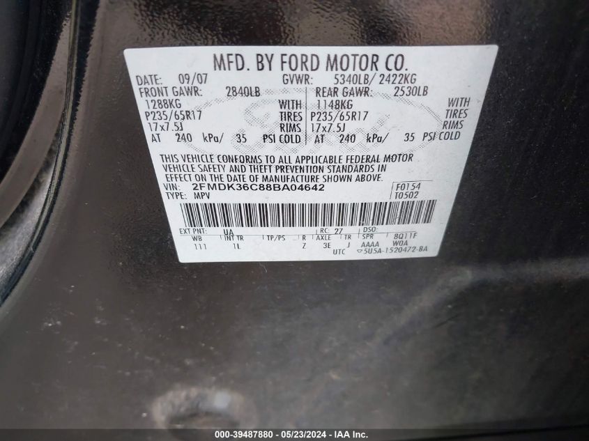 2008 Ford Edge Se VIN: 2FMDK36C88BA04642 Lot: 39487880