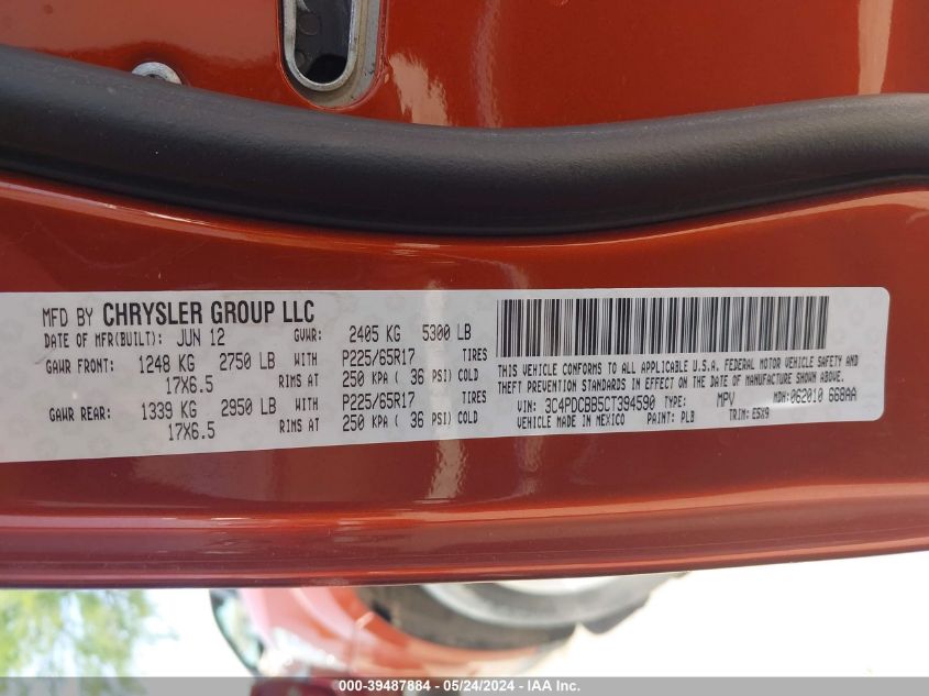 2012 Dodge Journey Sxt VIN: 3C4PDCBB5CT394590 Lot: 39487884