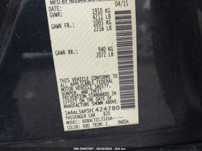 2015 Nissan Altima 2.5 Sl VIN: 1N4AL3AP3FC424780 Lot: 39487887