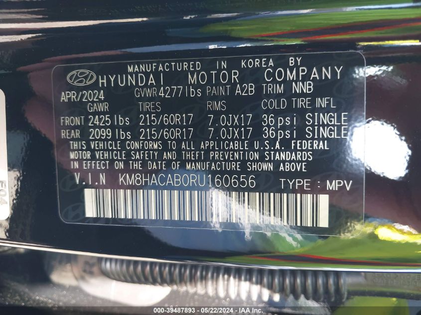 2024 Hyundai Kona Se VIN: KM8HACAB0RU160656 Lot: 39487893