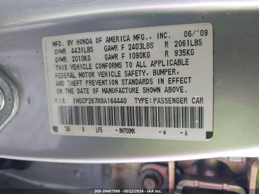 2009 Honda Accord 2.4 Ex VIN: 1HGCP267X9A164440 Lot: 39487898