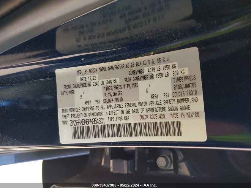 2023 Mazda Mazda3 2.5 S Select VIN: 3MZBPABM6PM354801 Lot: 39487905