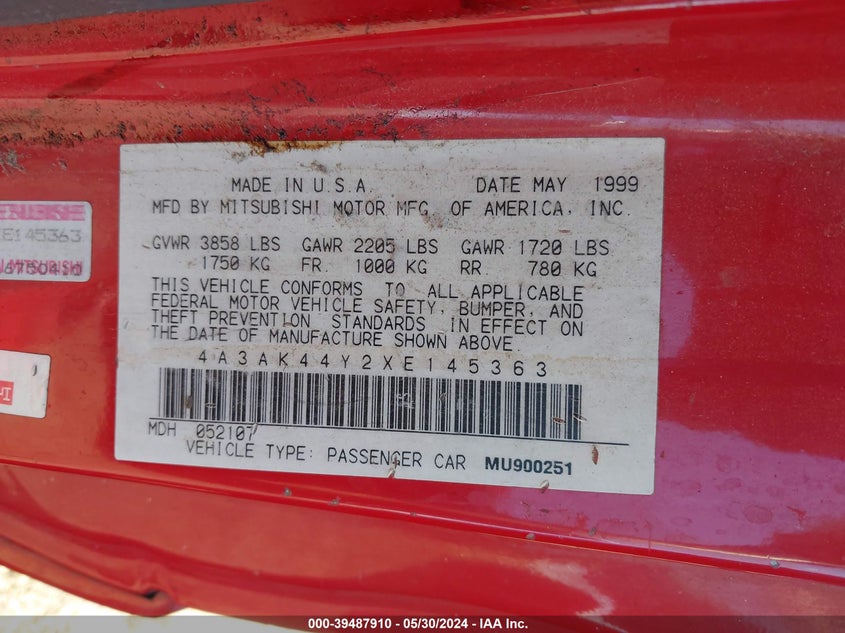1999 Mitsubishi Eclipse Gs VIN: 4A3AK44Y2XE145363 Lot: 39487910