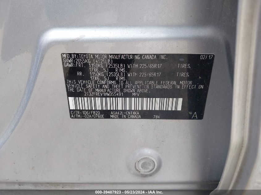 2017 Toyota Rav4 Le VIN: 2T3ZFREV1HW355491 Lot: 39487923