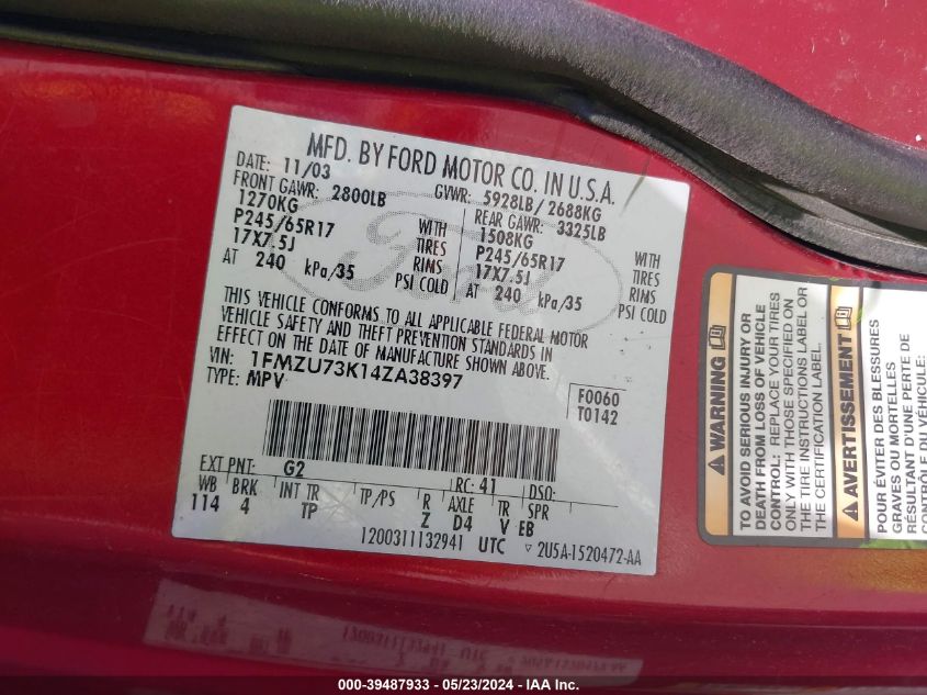 2004 Ford Explorer Nbx/Xlt VIN: 1FMZU73K14ZA38397 Lot: 39487933