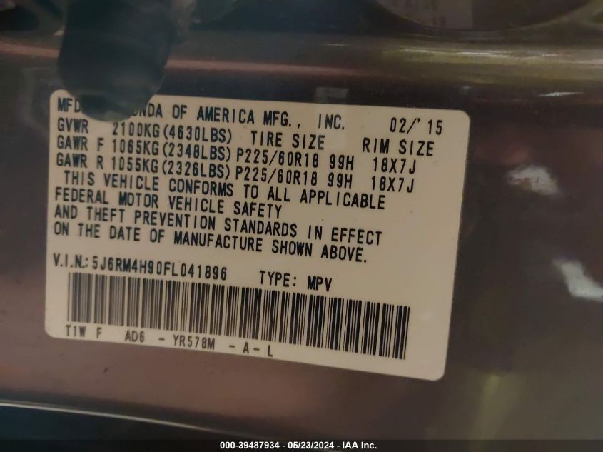 2015 Honda Cr-V Touring VIN: 5J6RM4H90FL041896 Lot: 39487934