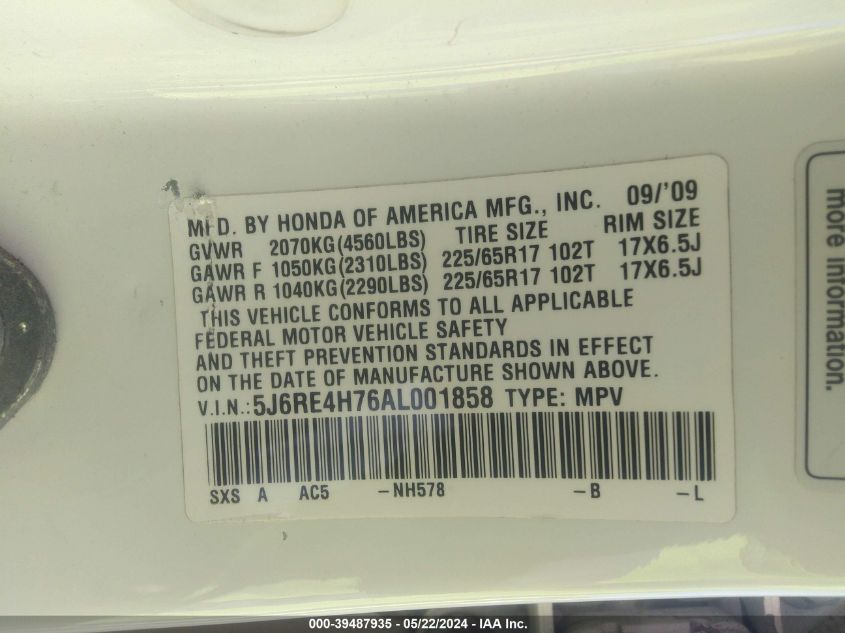 2010 Honda Cr-V Ex-L VIN: 5J6RE4H76AL001858 Lot: 39487935