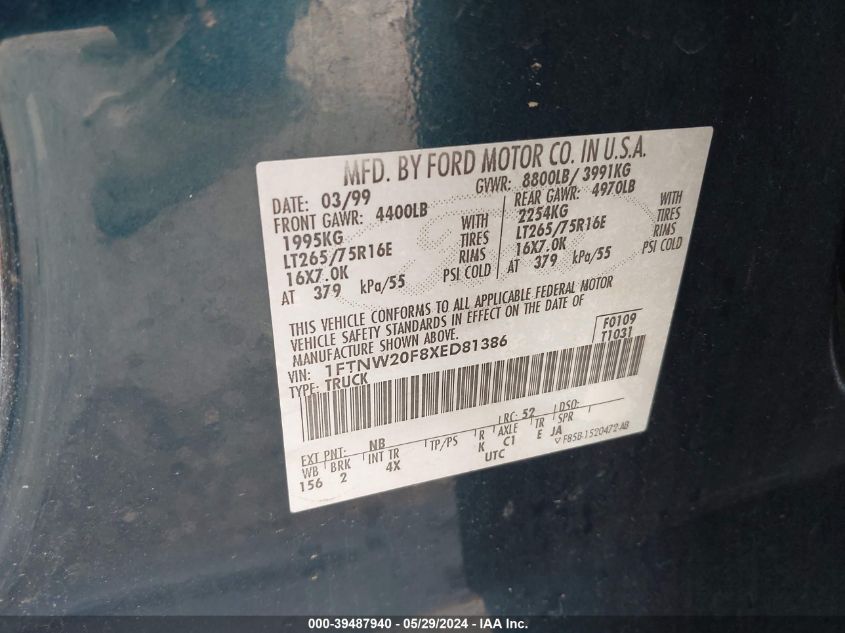 1999 Ford F-250 Lariat/Xl/Xlt VIN: 1FTNW20F8XED81386 Lot: 39487940