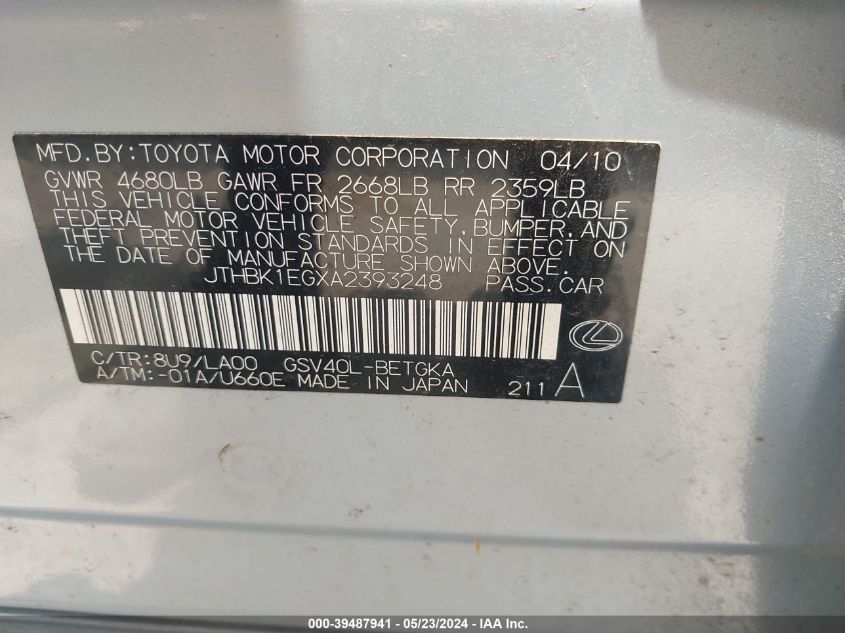 2010 Lexus Es 350 VIN: JTHBK1EGXA2393248 Lot: 39487941