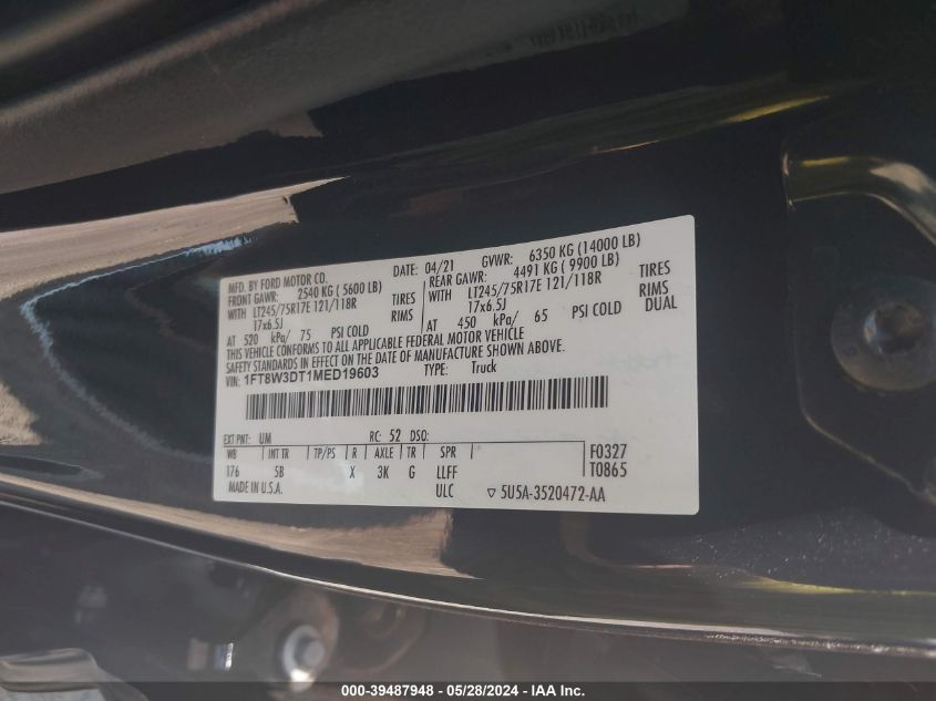 2021 Ford F-350 Lariat VIN: 1FT8W3DT1MED19603 Lot: 39487948