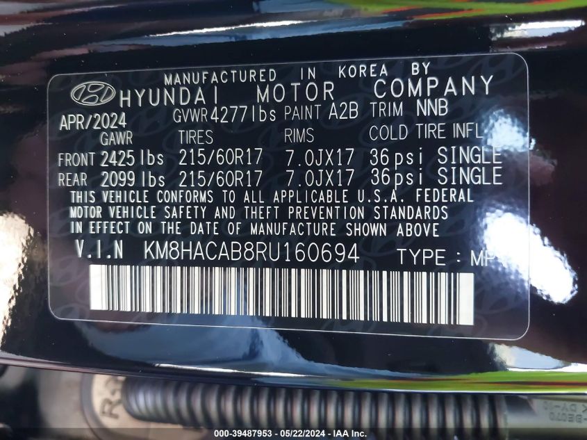 2024 Hyundai Kona Se VIN: KM8HACAB8RU160694 Lot: 39487953