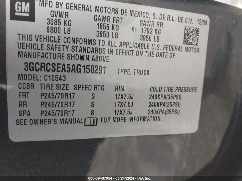 3GCRCSEA5AG150291 2010 Chevrolet Silverado 1500 Lt