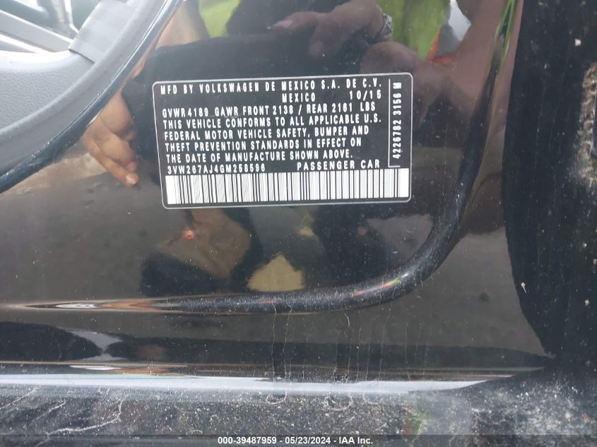 2016 Volkswagen Jetta 1.4T S VIN: 3VW267AJ4GM258596 Lot: 39487959