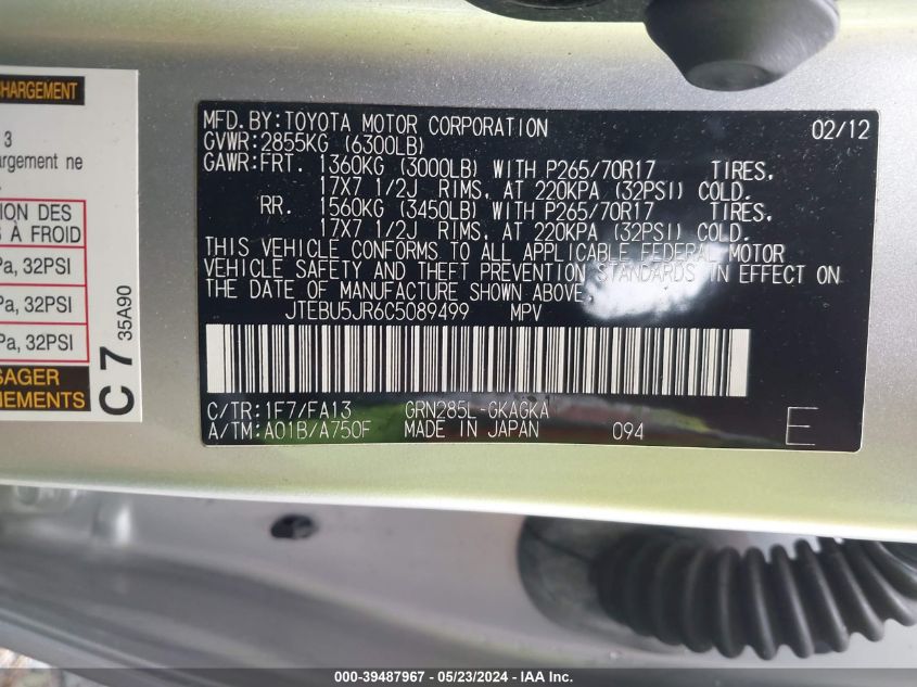 2012 Toyota 4Runner Trail VIN: JTEBU5JR6C5089499 Lot: 39487967