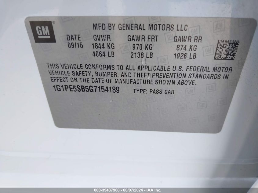 2016 Chevrolet Cruze Limited 1Lt Auto VIN: 1G1PE5SB5G7154189 Lot: 39487968