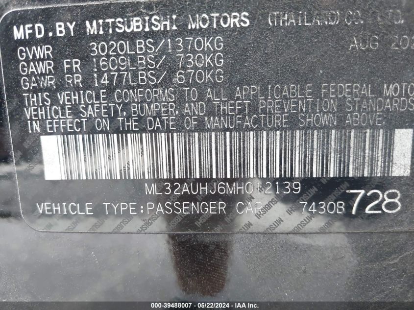 2021 Mitsubishi Mirage Carbonite Edition/Es/Le VIN: ML32AUHJ6MH012139 Lot: 39488007