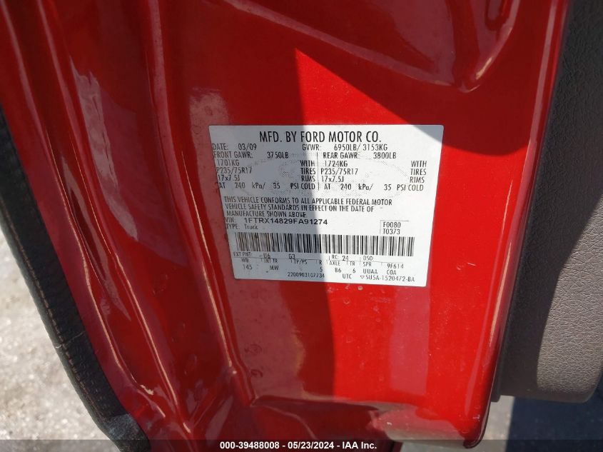 2009 Ford F-150 Xlt VIN: 1FTRX14829FA91274 Lot: 39488008