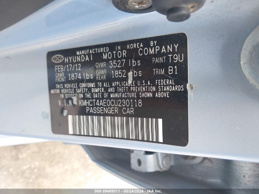 2012 Hyundai Accent Gls VIN: KMHCT4AE0CU230118 Lot: 39488011