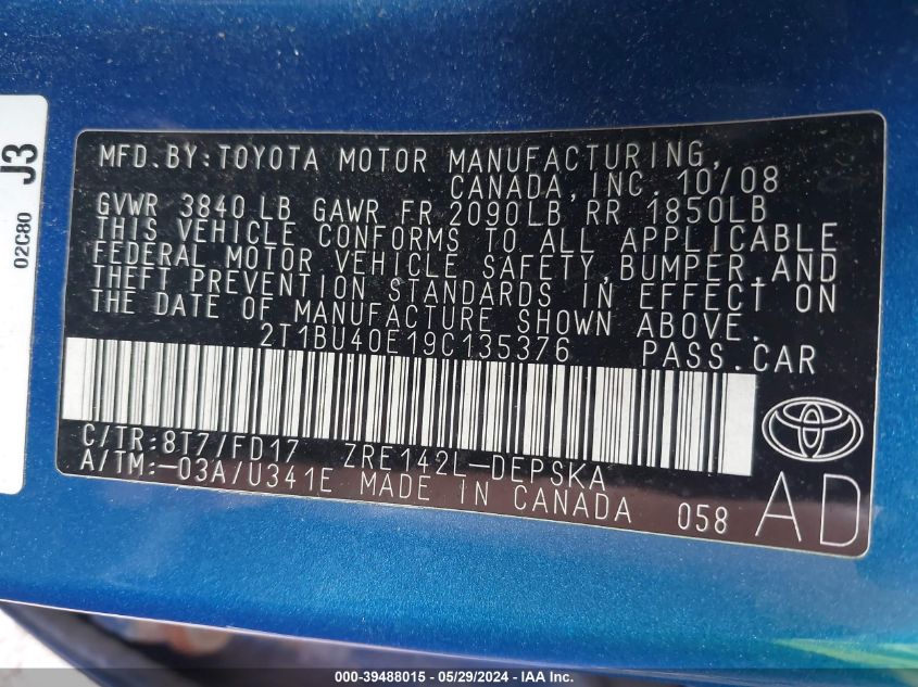 2009 Toyota Corolla S VIN: 2T1BU40E19C135376 Lot: 39488015