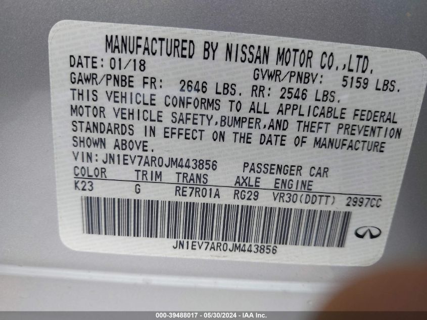 2018 Infiniti Q50 3.0T Luxe VIN: JN1EV7AR0JM443856 Lot: 39488017