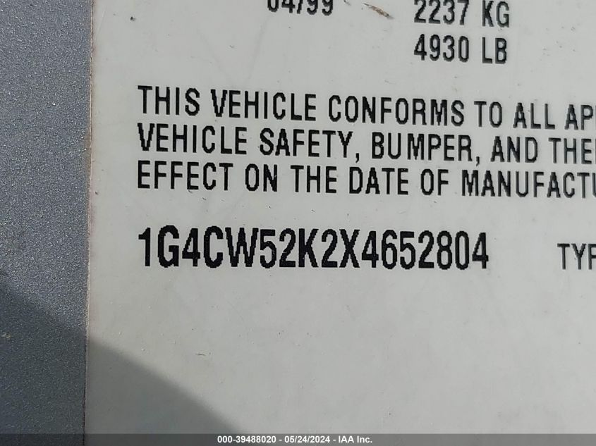 1999 Buick Park Avenue VIN: 1G4CW52K2X4652804 Lot: 39488020