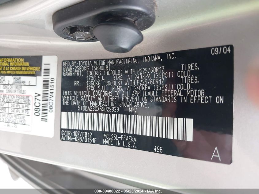 2005 Toyota Sienna Le VIN: 5TDBA23CX5S029839 Lot: 39488022