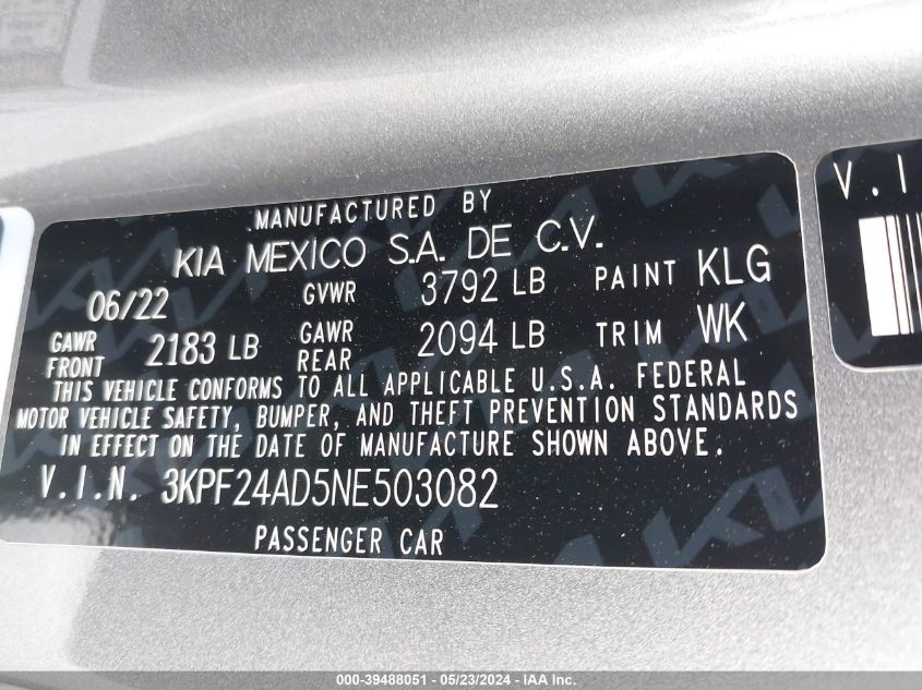 2022 Kia Forte Lxs VIN: 3KPF24AD5NE503082 Lot: 39488051