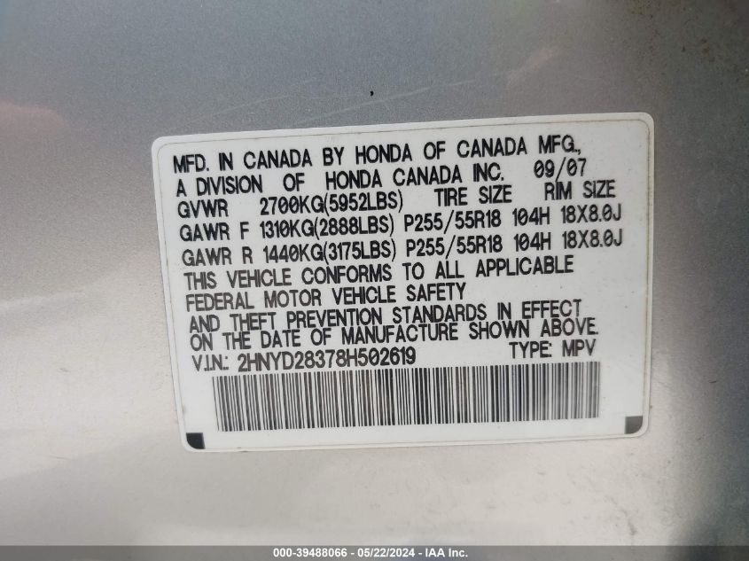 2008 Acura Mdx Technology Package VIN: 2HNYD28378H502619 Lot: 39488066