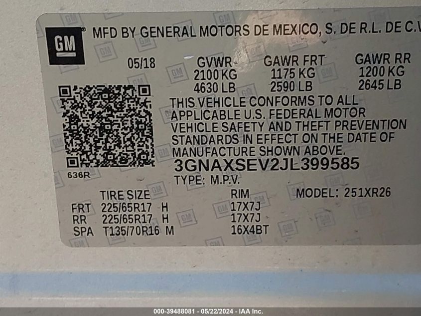 2018 Chevrolet Equinox Lt VIN: 3GNAXSEV2JL399585 Lot: 39488081