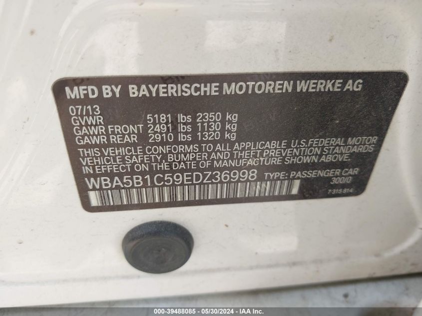 2014 BMW 535I I VIN: WBA5B1C59EDZ36998 Lot: 39488085
