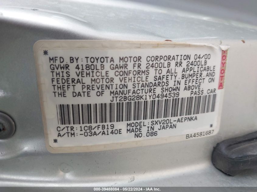 2000 Toyota Camry Le/Xle VIN: JT2BG28K1Y0494539 Lot: 39488084