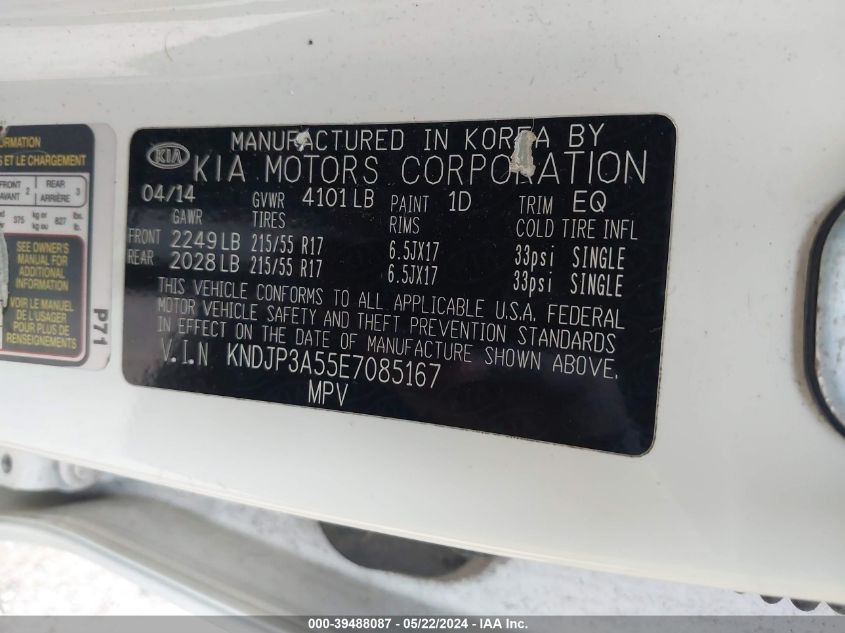 2014 Kia Soul + VIN: KNDJP3A55E7085167 Lot: 39488087