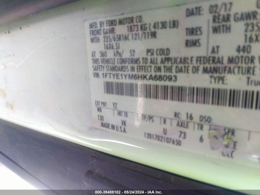 2017 Ford Transit-150 VIN: 1FTYE1YM6HKA68093 Lot: 39488102