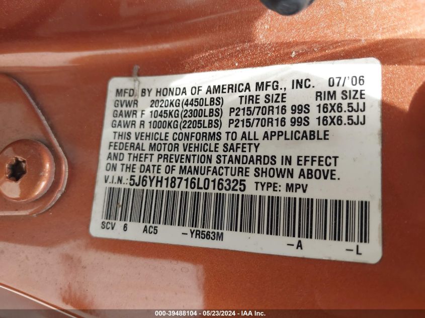2006 Honda Element Ex-P VIN: 5J6YH18716L016325 Lot: 39488104
