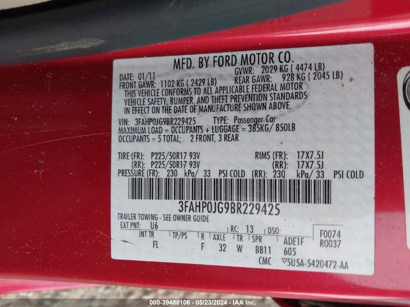 2011 Ford Fusion Sel VIN: 3FAHP0JG9BR22942 Lot: 39488106