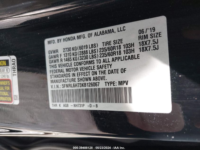 2019 Honda Odyssey Ex-L VIN: 5FNRL6H73KB126067 Lot: 39488128